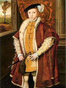 Pintura de Edward aos 9 anos. Tanto a pose do príncipe e seu vestido imitar retratos de Henry VIII. A criança veste um manto de ombros largos de veludo escuro sobre suas roupas, que são ricamente bordados a fio de ouro. Ele usa uma peça de bacalhau proeminente e carrega um punhal. Seu cabelo vermelho curto pode ser visto sob o boné, contrastando com olhos escuros. Ele olha bem e robusto.