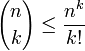 {N \ escolher k} \ le \ frac {n ^ k} {k!}