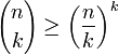 {N \ escolher k} \ ge \ left (\ frac {n} {k} \ right) ^ k