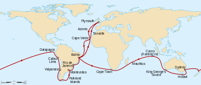 Rota de Plymouth, Inglaterra, ao sul de Cabo Verde, em seguida, ao sudoeste através do Atlântico para a Bahia, Brasil, ao sul de Rio de Janeiro, Montevidéu, as Ilhas Malvinas, em volta da ponta da América do Sul, em seguida, para norte, até Valparaíso e Callao. Northwest para as Ilhas Galápagos antes de embarcar a oeste em todo o Pacífico para a Nova Zelândia, Sydney, Hobart, na Tasmânia, e som do Rei George, na Austrália Ocidental. Northwest às Ilhas Keeling, ao sudoeste de Maurício e Cidade do Cabo, em seguida, a noroeste de Bahia e nordeste de volta à Plymouth.