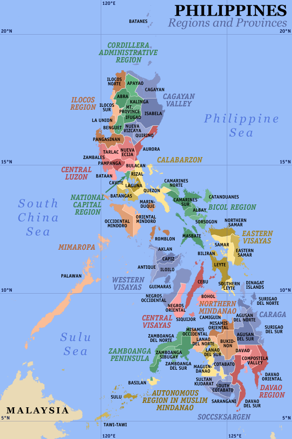 Um mapa clicável das Filipinas exibindo suas 17 regiões e 80 províncias.