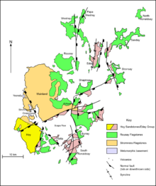 Um mapa da geologia de Orkney. Hoy para o oeste sul é predominantemente formado a partir de Hoy / Eday Sandstones. O continente no centro é, em grande parte lajes Stromness com lajes Rousay a leste. Os norte e sul ilhas são uma mistura de Eday e Rousay arenitos.