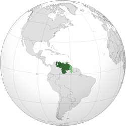 Área controlada pela Venezuela mostrado em verde escuro; mas alegou regiões não controladas mostrado em verde claro.