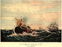 Pintura de uma baleia cachalote destruindo um barco, com outros barcos ao fundo