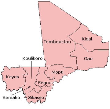 Um mapa clicável do Mali exibindo seus oito regiões e capital de distrito.