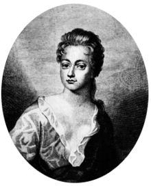 Comely Inglês atriz do século 18, com cabelo ondulado curto e olhos de pálpebras pesadas, o vestido que mostra muito decote.
