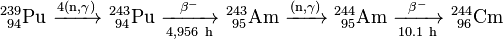 \ Mathrm {^ {239} _ {\ 94} Pu \ \ xrightarrow {4 (n, \ gamma)} \ ^ {243} _ {\ 94} Pu \ \ xrightarrow [4956 \ h] {\ beta ^ -} \ ^ {243} _ {\ 95} Am \ \ xrightarrow {(n, \ gamma)} \ ^ {244} _ {\ 95} Am \ \ xrightarrow [10.1 \ h] {\ beta ^ -} \ ^ { 244} _ {\ 96}} Cm