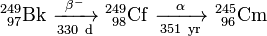 \ Mathrm {^ {249} _ {\ 97} Bk \ \ xrightarrow [330 \ d] {\ beta ^ -} \ ^ {249} _ {\ 98} Cf \ \ xrightarrow [351 \ yr] {\ alpha} \ ^ {245} _ {\ 96}} Cm
