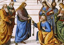 Pintando um Jesus Cristo aureolada passando chaves para um homem ajoelhado.