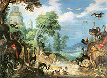 Pintura de uma floresta enchida com os pássaros, incluindo um Dodo