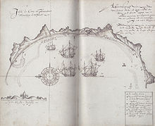 Velho mapa mostrando uma baía da Ilha Maurícia, com um D indicando onde foram encontrados Dodos