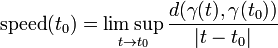 \ Text {velocidade} (t_0) = \ limsup_ {t \ a t_0} {d (\ gamma (t), \ gamma (t_0)) \ over | t-t_0 |}