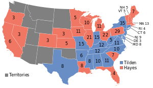 Um mapa dos Estados Unidos mostrando resultados eleitorais em 1876