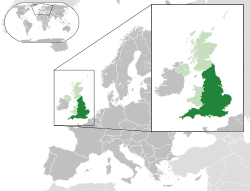 Localização da Inglaterra (verde escuro) - no continente europeu (cinza escuro verde e luz) - no Reino Unido (verde claro)