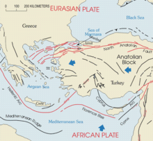 Uma alta concentração de linhas de falhas no noroeste da Turquia, onde o euro-asiática e pratos africanos se encontram; um pequeno número de falhas e cordilheiras também aparecerão no Mediterrâneo