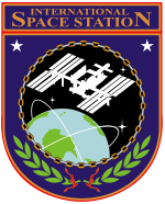 Uma silhueta da ISS em órbita mostrada acima da Terra. Esta imagem é suspenso no interior de um escudo de laranja e roxo, com as palavras "estação espacial internacional" sobre a imagem, e folhas de louro por baixo.