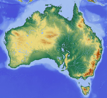 Mapa mostrando a topografia da Austrália, mostrando alguma elevação no oeste e muito alta altitude nas montanhas no sudeste