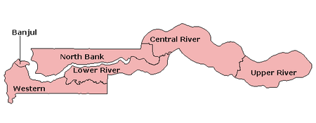 Um mapa clickable da Gâmbia exibindo suas cinco divisões e capital.