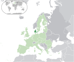 Localização da Dinamarca [b] (verde escuro) - na Europa (verde e cinza escuro) - na União Europeia (verde) - [Legend]