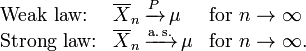 \ Begin {array} {lll} \ texto {lei ruim:} e \ overline {X} _n \, \ xrightarrow {P} \, \ mu & \ texto {for} n \ a \ infty \\ \ text {Strong lei:} e \ overline {X} _n \, \ xrightarrow {\ mathrm {a \, s..}} \, \ mu & \ texto {for} n \ a \ infty. \ End {array}