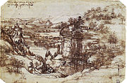 Desenho da pena de uma paisagem com montanhas, um rio em um vale profundo, e um pequeno castelo.