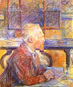 desenho pastel azul-hued de um homem virado para a direita, sentado a uma mesa com as mãos e um copo sobre ele, enquanto vestindo um casaco e com janelas em segundo plano