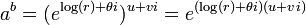 \, A ^ b = (e ^ {\ log (r) + {\ theta} i}) ^ {+ u vi} = e ^ {(\ log (r) + {\ theta} i) (u + vi )}