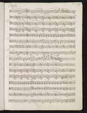 A página do manuscrito da música, concluída em tinta, com dezesseis varais